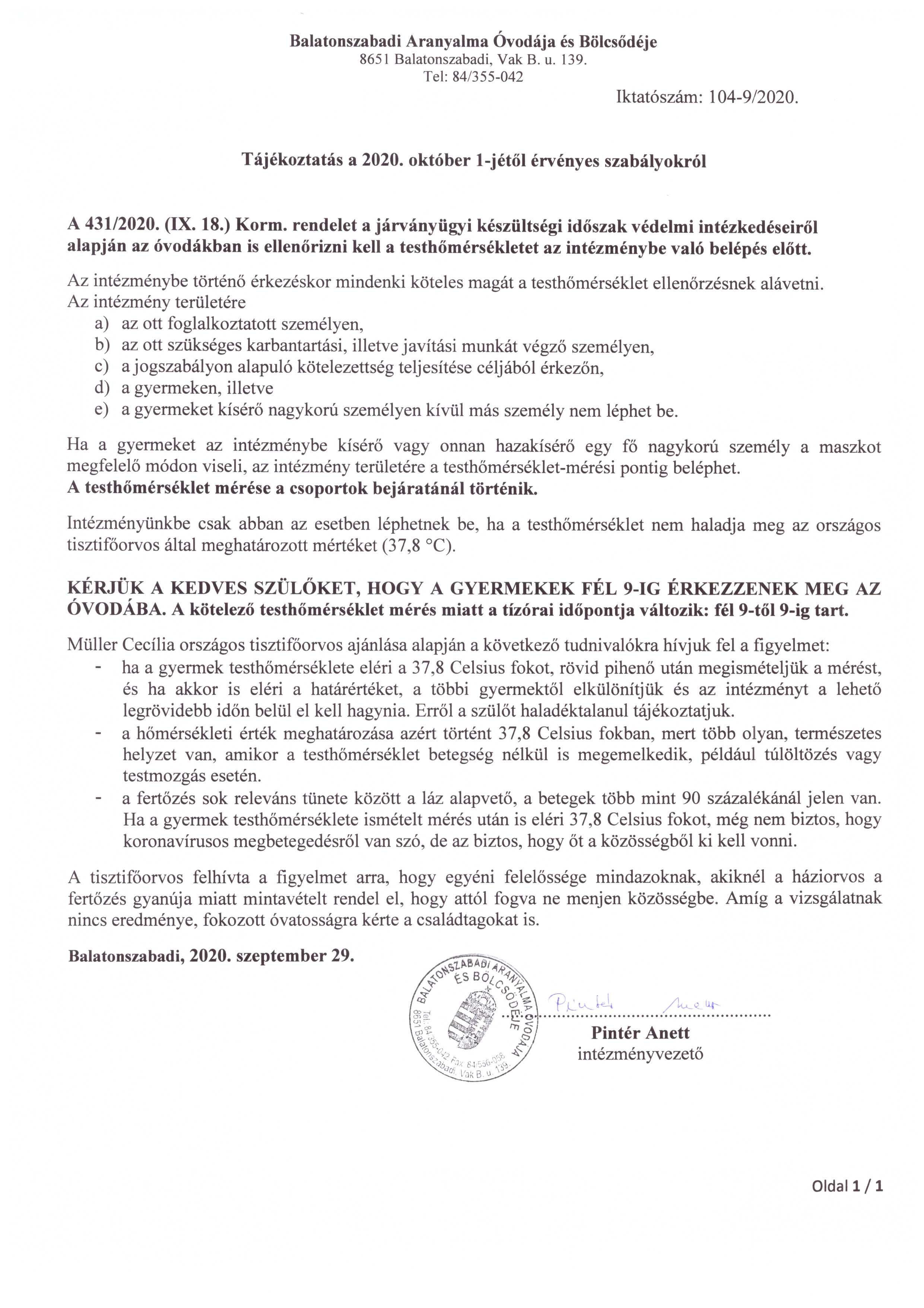 Tájékoztatás a 2020.10.01 jétől érvényes szabályokról