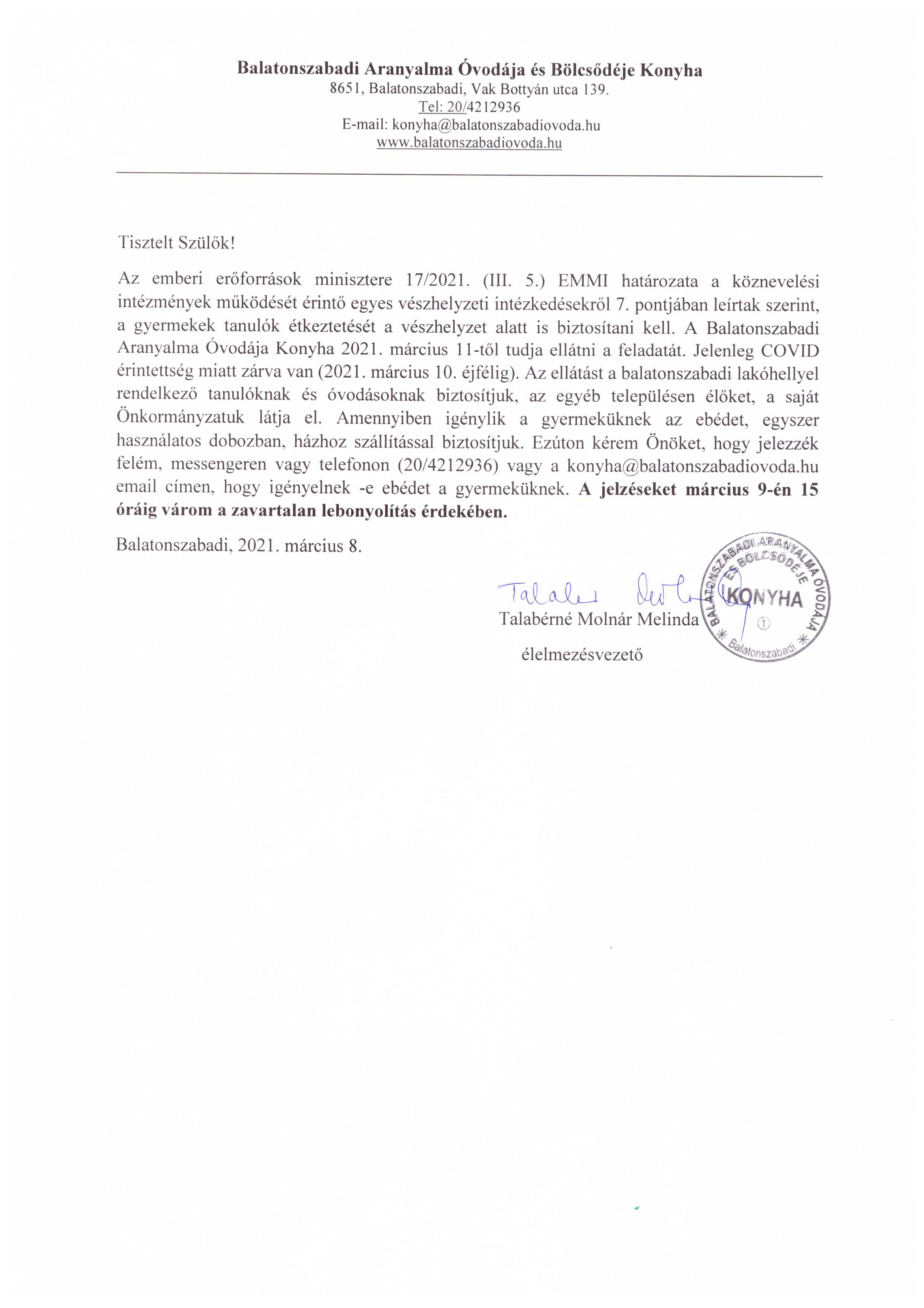 Étkezés igénylés 2021.03.11 től
