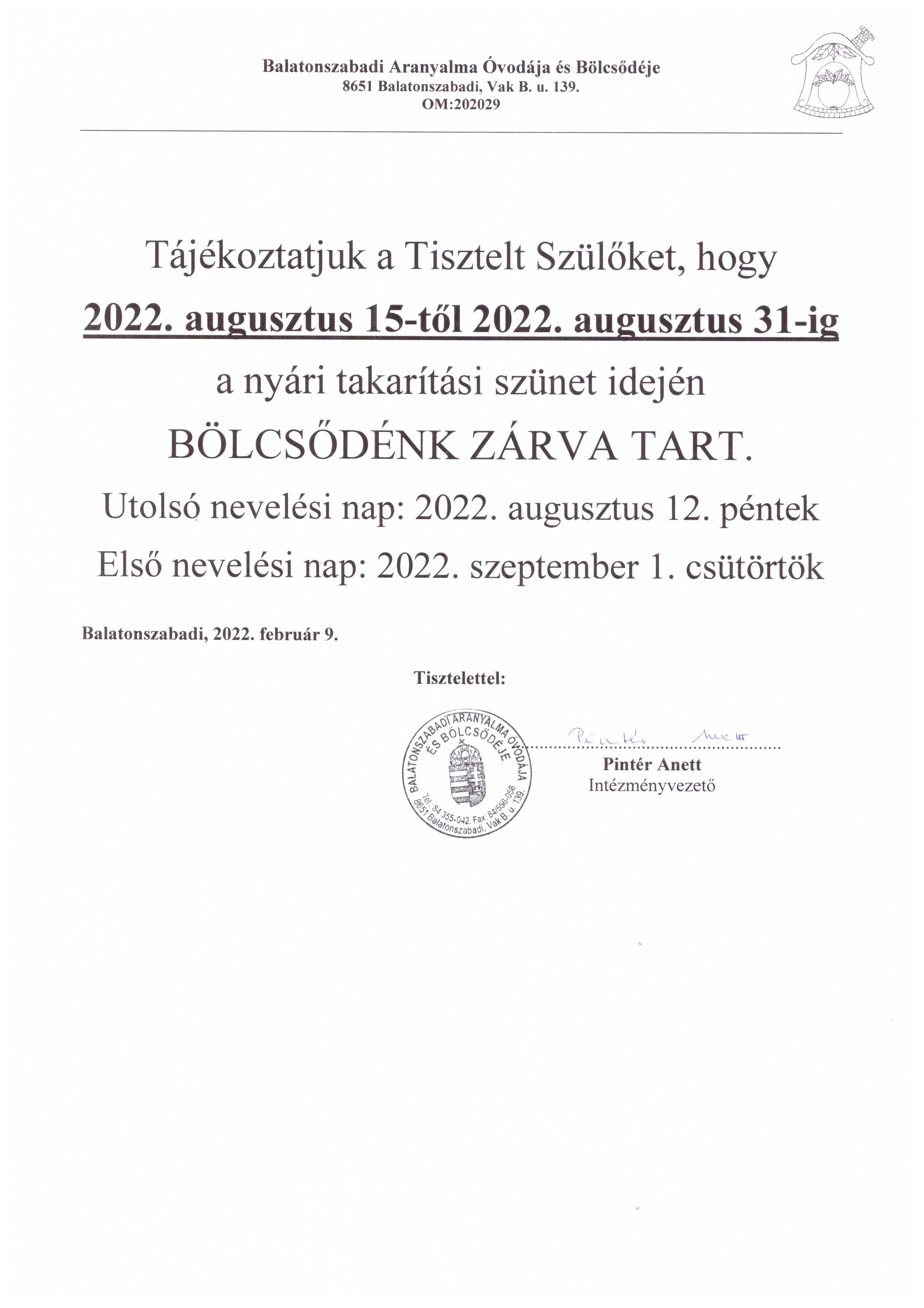 Bölcsőde nyári zárás 2022
