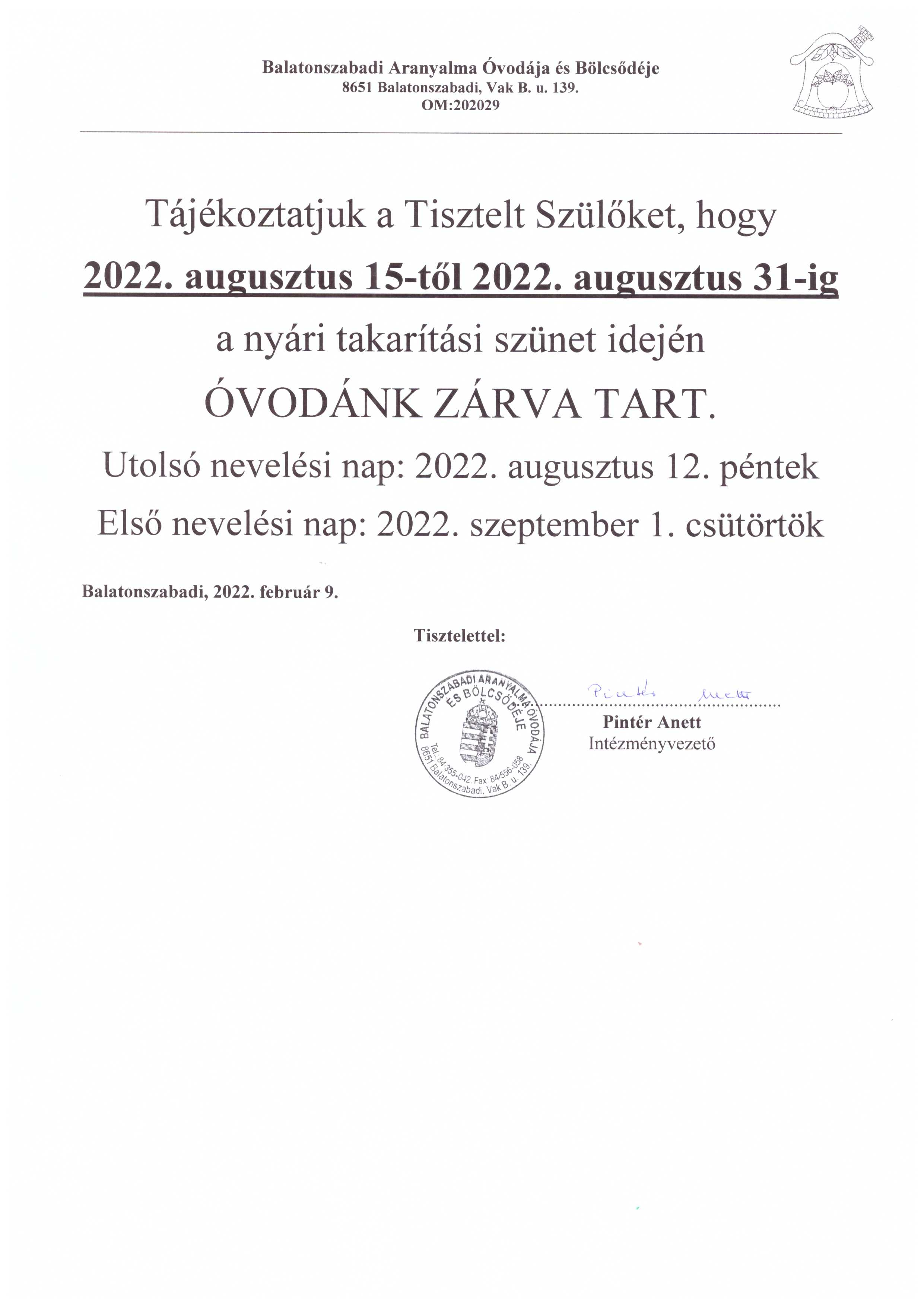 Óvoda nyári zárás 2022