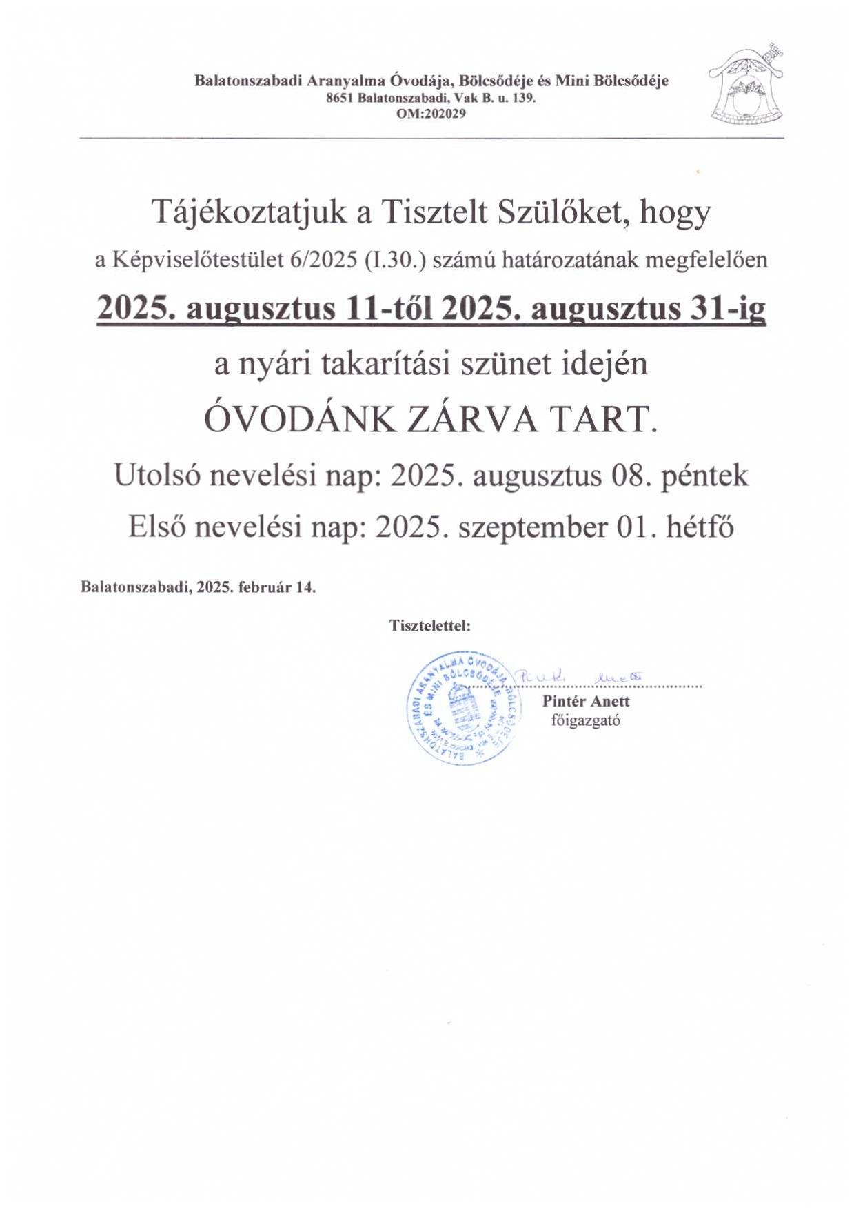Nyári zárva tartás 2025 óvoda 1