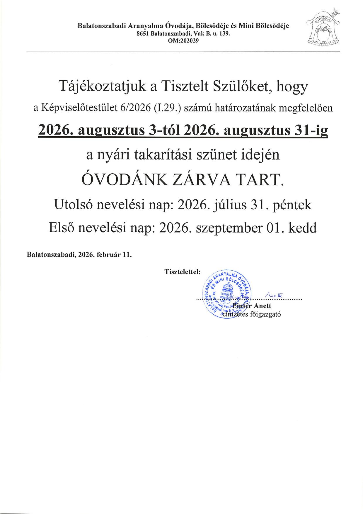 Nyári zárva tartás óvoda 2026 1